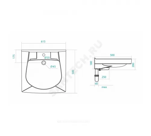 Умывальник подвесной Пилот 50 1 отверстие под смеситель по центру белый Santek 1.WH30.1.970
