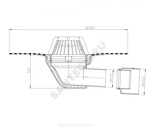 Воронка кровельная HL64H с горизонтальным выпуском PP Дн 75/110 с листвоуловителем, теплоизоляцией, гидроизоляционным полимербитумным полотном 500мм HL HL64H