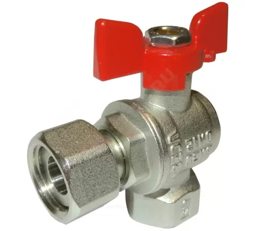 Кран шаровой латунь никель угловой 11Б27фт1М Ду 15 Ру50 ВР/нак. гайка полнопроходной бабочка красная VALFEX VF.266.NB1.012.PREMIUM