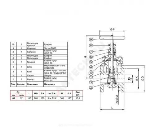 Задвижка чугун V4246 Ду 80 Ру16 Тмакс=150C фл Tecofi V4246-0080