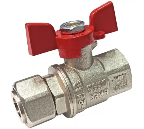 Кран шаровой латунь никель 11Б27фт1М Ду 15 Ру50 ВР/нак. гайка полнопроходной бабочка красная VALFEX VF.241.NB1.012.PREMIUM