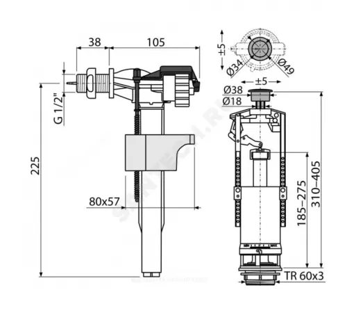 Арматура для бачка сливная/наливная 1/2" боковое подключение кнопка хром старт-стоп Alca Plast SA2000K 1/2" CHROM