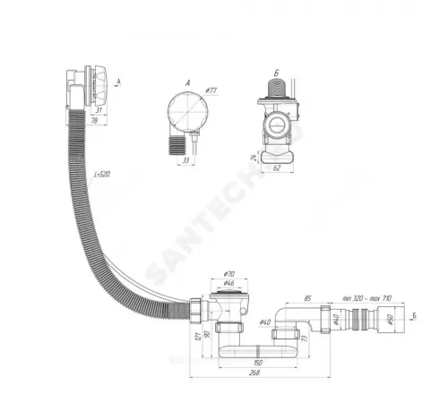 Слив-перелив для ванны плоский полуавтоматический (тросик) 1 1/2"x40 с гофрой 40х50 слив клапан, пробка D=46мм АНИ Пласт ЕМ701