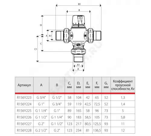 Клапан смесительный термостатический седельный латунь R156-2 Ду 15 Ру10 1/2" НР Kvs=1.3м3/ч Tн=30-65C Tmax=85С с защитой от ожога Giacomini R156Y223