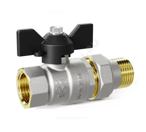 Кран шаровой латунь никель Pride Ду 32 Ру25 ВР/"американка" бабочка черная аналог 11б27п1 LD 47.32.В-ГШ.Б