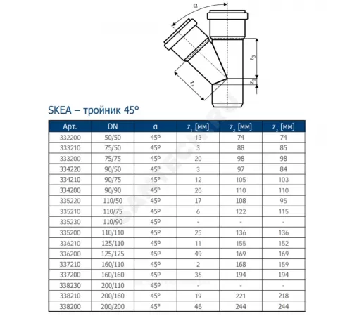 Тройник PP-MD переходной бесшумный светло-серый Skolan Safe SKEA Дн 200х110х45гр (DN200х110) б/нап в/к Ostendorf 338230
