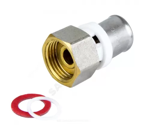 Соединитель МП латунь никель пресс Дн 16х1/2" под плоское уплотнение с накидной гайкой ГОСТ 32415-2013 8013 Aquasfera 8013-01