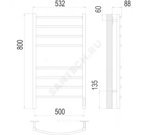 Полотенцесушитель электрический сталь Лесенка 168 Вт 500х800мм 8П со встроенным диммером справа черный муар Классик Терминус 4670078542991