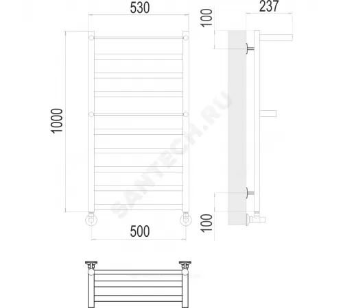 Полотенцесушитель водяной нерж сталь Лесенка (1/2") ВР с полочкой 500х1000мм 10П нижнее подключение Хендрикс Терминус 4670078529824