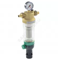 Фильтр сетчатый T-образный латунь Ду 15 Ру16 Тмакс=40 oC G1/2" НР F76S с манометром с обратной промывкой с краном Honeywell-Braukmann F76S-1/2"AA