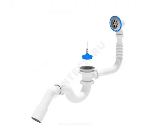 Слив-перелив для ванны трубный с пробкой на цепочке 1 1/2"x40 с переходной трубкой 45гр 40/50 выпуск с нержавеющей решёткой D=70мм АНИ Пласт E151
