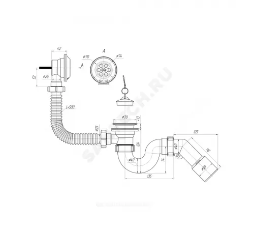 Слив-перелив для ванны трубный с пробкой на цепочке 1 1/2"x40 с переходной трубкой 45гр 40/50 выпуск с нержавеющей решёткой D=70мм АНИ Пласт E151