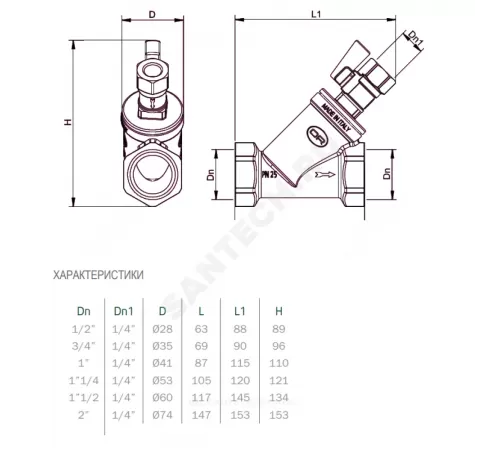 Фильтр сетчатый Y-образный латунь Ду 15 Ру25 Тмакс=120 oC 1/2" ВР 114 с краном OR 0114.515