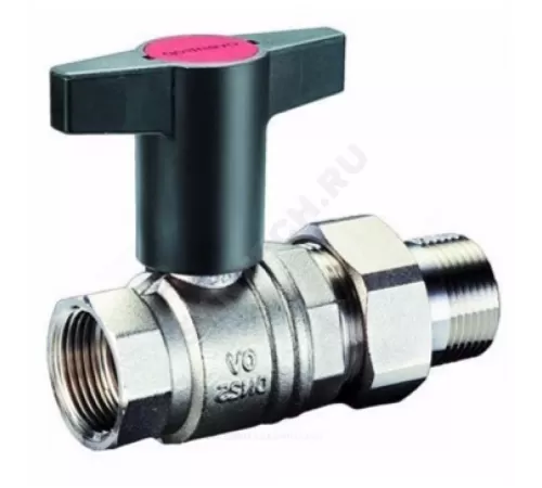 Кран шаровой латунь никель Optibal Ду 25 Ру16 ВР/"американка" полнопроходной с Т-рукояткой красной удлиненная ручка Oventrop 1075708