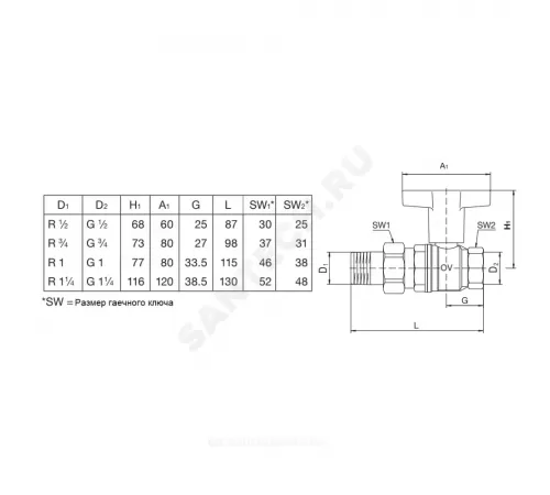 Кран шаровой латунь никель Optibal Ду 25 Ру16 ВР/"американка" полнопроходной с Т-рукояткой красной удлиненная ручка Oventrop 1075708