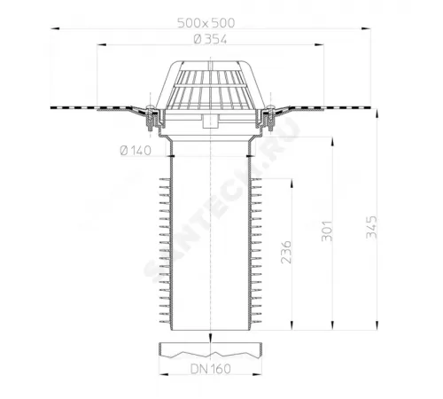 Воронка кровельная HL69H с вертикальным выпуском PP Дн 160 с листвоуловителем,гидроизоляционным полимербитумным полотном 500мм HL HL69H/5
