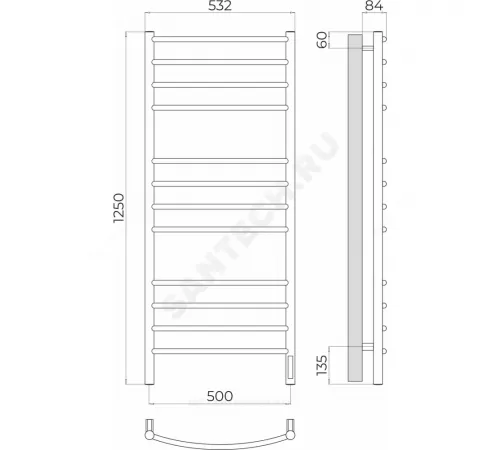 Полотенцесушитель электрический нерж сталь Лесенка 294 Вт 500х1250мм 12П со встроенным диммером справа Классик Терминус 4670078544476