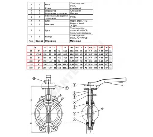 Затвор дисковый поворотный сталь VP5445S-02EP Ду 125 Ру16 межфл с рукояткой диск сталь манжета EPDM Tecofi VP5445S-02EP0125