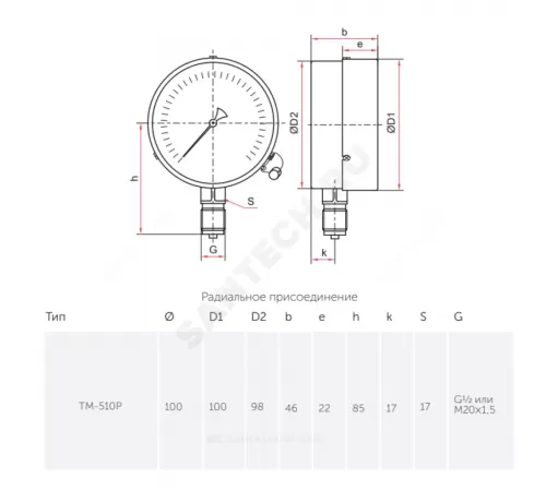 Манометр ТМ-510Р.00 радиальный Дк100мм 0-1,0 МПа кл.1,5 М20х1,5 Росма 00000006850