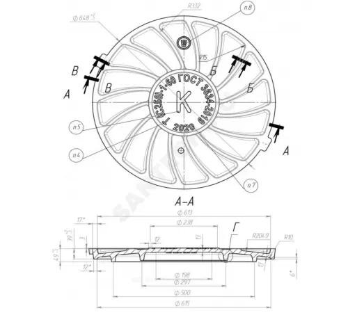 Люк чугун канализационный (К) Т (тяжелый) С250 круглый m=98кг h=100мм Т(С250)-1-60 ГОСТ 3634-2019