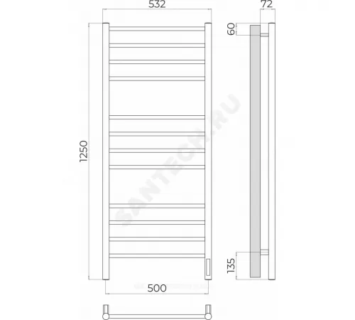Полотенцесушитель электрический нерж сталь Лесенка 294 Вт 500х1250мм 12П со встроенным диммером справа Аврора Терминус 4670078544377