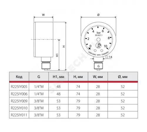 Манометр R225I радиальный Дк50мм 0-6 бар кл.2,5 G3/8" Giacomini R225IY010