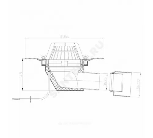 Воронка кровельная HL64.1 с горизонтальным выпуском PP Дн 75/110 с листвоуловителем, электрообогревом, теплоизоляцией, обжимным фланцем HL HL64.1