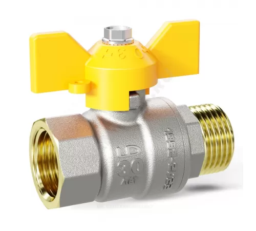 Кран шаровой латунь никель газ Pride Ду 15 Ру40 ВР/НР бабочка аналог 11б27п1 LD 47.15.В-Н.Б