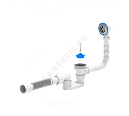 Слив-перелив для ванны плоский с пробкой на цепочке 1 1/2"x40 с гофрой 40х50 выпуск с нержавеющей решёткой D=70мм АНИ Пласт Е055