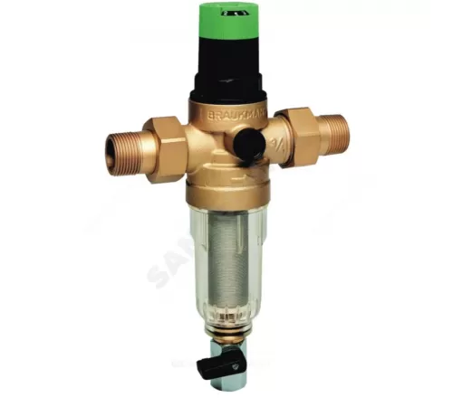 Фильтр сетчатый T-образный латунь Ду 25 Ру16 Тмакс=40 oC G1" НР FK06 с выходом под манометр с регулятором давления с краном Honeywell-Braukmann FK06-1AA