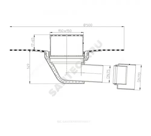 Воронка кровельная HL64BH с горизонтальным выпуском PP Дн 75/110 с трапом, теплоизоляцией, гидроизоляционным полимербитумным полотном 500мм HL HL64BH