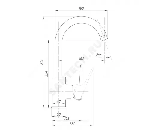 Смеситель для кухонной мойки ручка сбоку одноручный ПСМ-200 Профсан PSM-200-3
