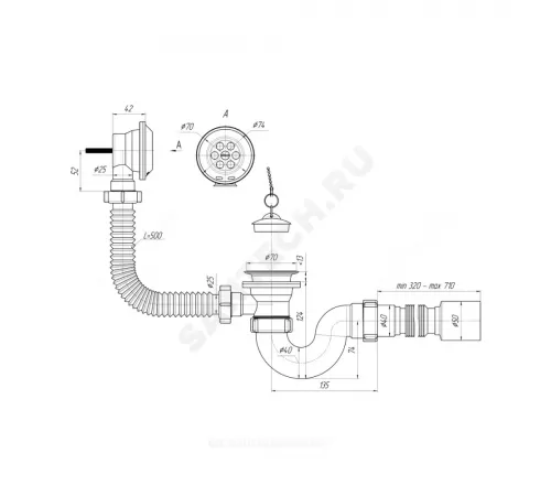 Слив-перелив для ванны трубный с пробкой на цепочке 1 1/2"x40 с гофрой 40х50 выпуск с нержавеющей решёткой D=70мм АНИ Пласт E155