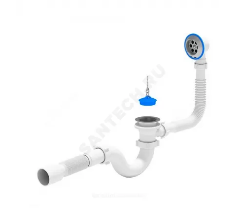 Слив-перелив для ванны трубный с пробкой на цепочке 1 1/2"x40 с гофрой 40х50 выпуск с нержавеющей решёткой D=70мм АНИ Пласт E155