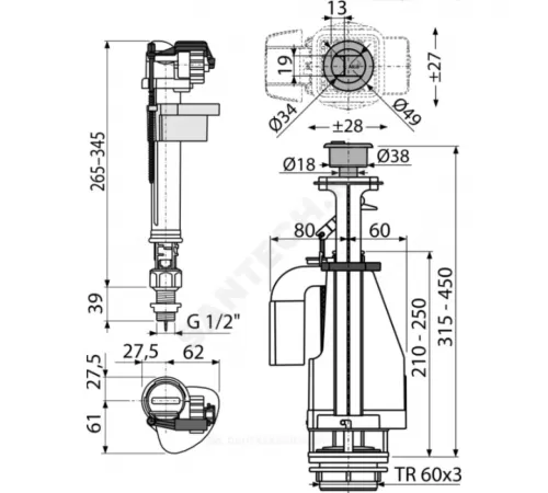 Арматура для бачка сливная/наливная 1/2" нижнее подключение кнопка хром 2/реж Alca Plast SA08ASK 1/2" CHROM