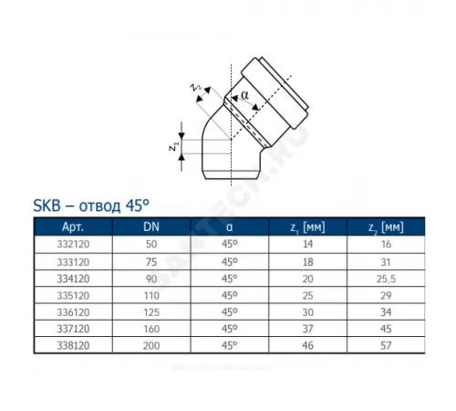 Отвод PP-MD бесшумная светло-серый Skolan Safe SKB Дн 160х45гр (DN160) б/нап в/к Ostendorf 337120