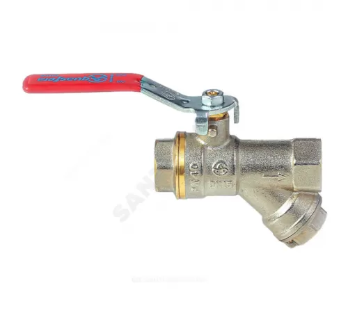 Кран-фильтр шаровой латунь никель 1014 Euro Ду 25 Ру25 ВР полнопроходной рычаг красный Aquasfera 1014-03 .