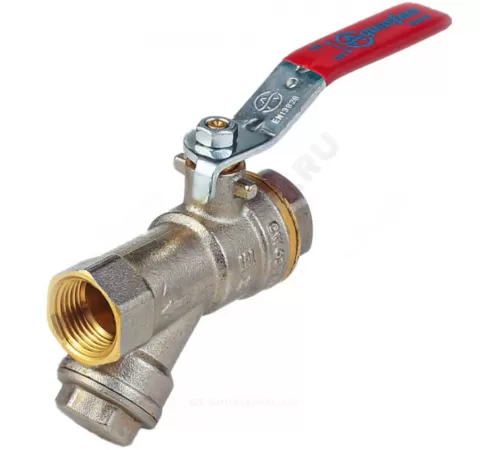 Кран-фильтр шаровой латунь никель 1014 Euro Ду 25 Ру25 ВР полнопроходной рычаг красный Aquasfera 1014-03 .