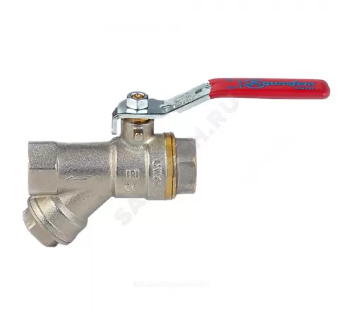 Кран-фильтр шаровой латунь никель 1014 Euro Ду 25 Ру25 ВР полнопроходной рычаг красный Aquasfera 1014-03 .