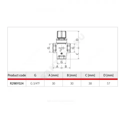 Клапан смесительный термостатический латунь R298 Ду 20 Ру10 3/4" ВР/НР Kvs=2.17м3/ч Tmax=90С Giacomini R298Y024