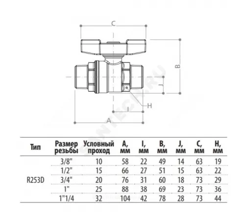 Кран шаровой латунь хром R253D Ду 25 Ру35 НР бабочка красная Giacomini R253X005