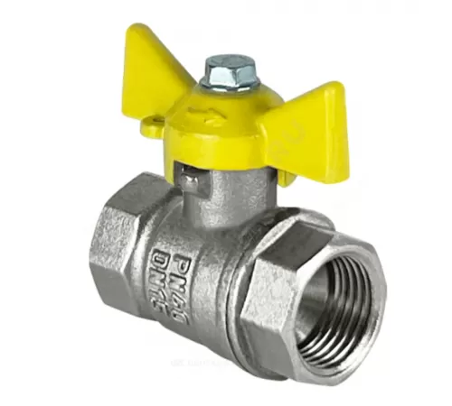 Кран шаровой латунь никель газ 11Б27фтМ Ду 32 Ру40 ВР бабочка желтая VALFEX VF.277.NB3.114.N/P59