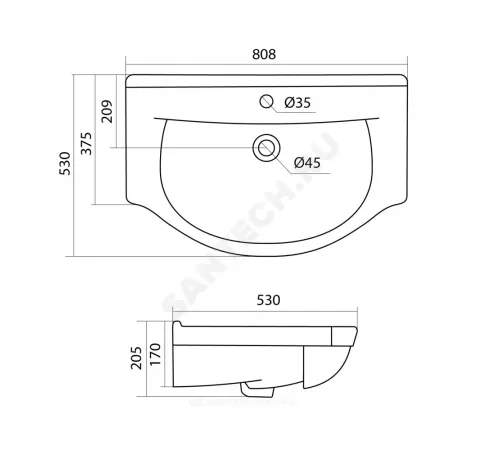 Умывальник мебельный Эльбрус 80 1 отверстие под смеситель по центру белый Santek 1.WH10.9.653