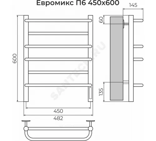 Полотенцесушитель электрический сталь Лесенка 165 Вт 450х600мм 6П со встроенным диммером справа черный муар Евромикс Терминус 4670078557070