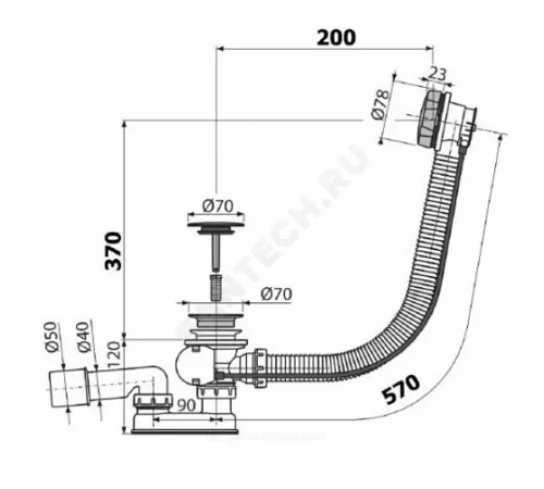 Слив-перелив для ванны плоский полуавтоматический (тросик) 1 1/2"x40 с переходной трубкой 10гр 40/50 слив клапан, пробка D=70мм Alca Plast A55KM