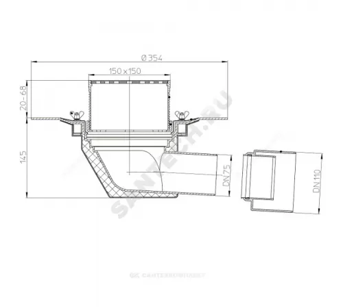 Воронка кровельная HL64.1B с горизонтальным выпуском PP Дн 75/110 с трапом, электрообогревом, теплоизоляцией, обжимным фланцем HL HL64.1B