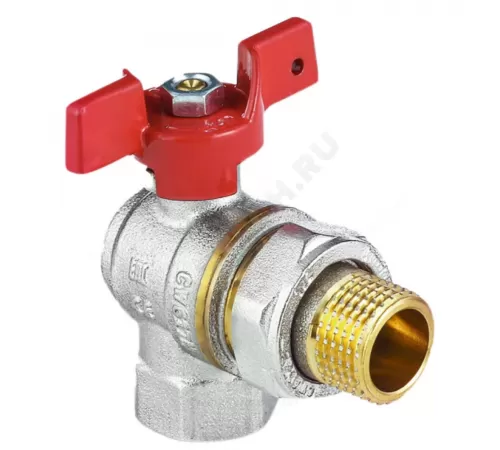 Кран шаровой латунь никель угловой 1011 Euro Ду 20 Ру30 ВР/"американка" полнопроходной бабочка красная Aquasfera 1011-02 .