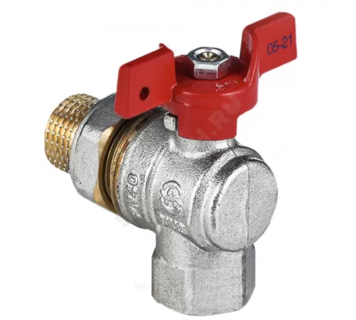 Кран шаровой латунь никель угловой 1011 Euro Ду 20 Ру30 ВР/"американка" полнопроходной бабочка красная Aquasfera 1011-02 .