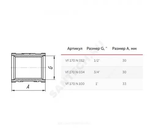 Муфта латунь никель Ду 20 (3/4") ВР/ВР VALFEX VF.170.N.034