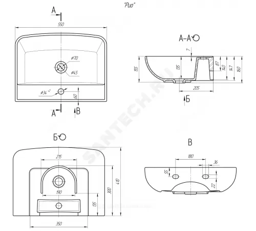 Умывальник подвесной Рио 55 1 отверстие под смеситель по центру белый Rosa (Кировская керамика)